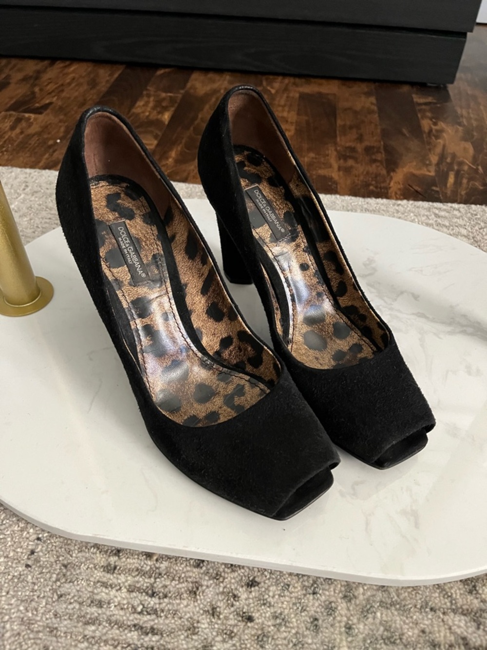 Dolce and Gabbana Black Suede Peep-Toe Pumps with Leopard Insole